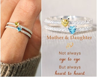 Two Heart-shape Birthstone Double Band Ring - Mother & Daughter Always Heart To Heart - Gifts For Her - Birthday Gift - Mother's Day Gift