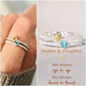 Two Heart-shape Birthstone Double Band Ring - Mother & Daughter Always Heart To Heart - Gifts For Her - Birthday Gift - Mother's Day Gift