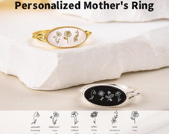 Personalized 1-5 Birth Flower Ring -Custom Engrave Family Ring -Mother Pearl Onyx Ring -Mother's Ring -Birthday Gift -Christmas Gift For Her