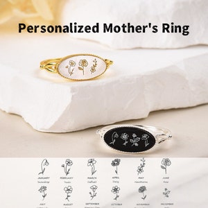 Personalized 1-5 Birth Flower Ring -Custom Engrave Family Ring -Mother Pearl Onyx Ring -Mother's Ring -Birthday Gift -Christmas Gift For Her