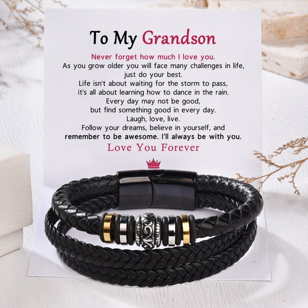 To My Grandson - I Will Always Be With You - Double Row Bracelet - Men's Bracelet - Healing Bracelet - Leather Bracelet - Gift For Him