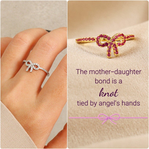 Mother & Daughter Tied By Angel's Hands Pink Ribbon Ring - Pink Pave Bow Ring for Women - Birthday Gift from Mom - Valentines Christmas Gift