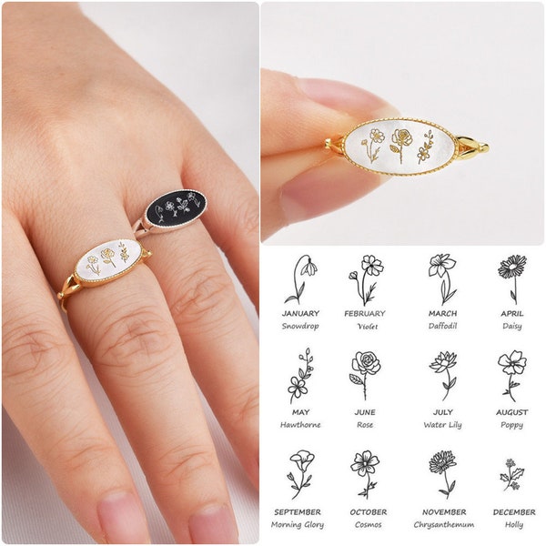 Engraved 1-5 Birth Flower Ring - Personalized Mother of Pearl Ring - Black Onyx Ring - Mother's Ring - Mother's Day Gift - Christmas Gift