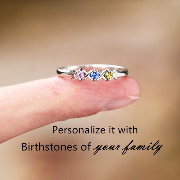 Mother's Ring - Specialized With Kid's Birthstones - Personalized 1-6 Birthstones Xoxo Ring - Gift For Her - Unique Handmade Jewelry Gift