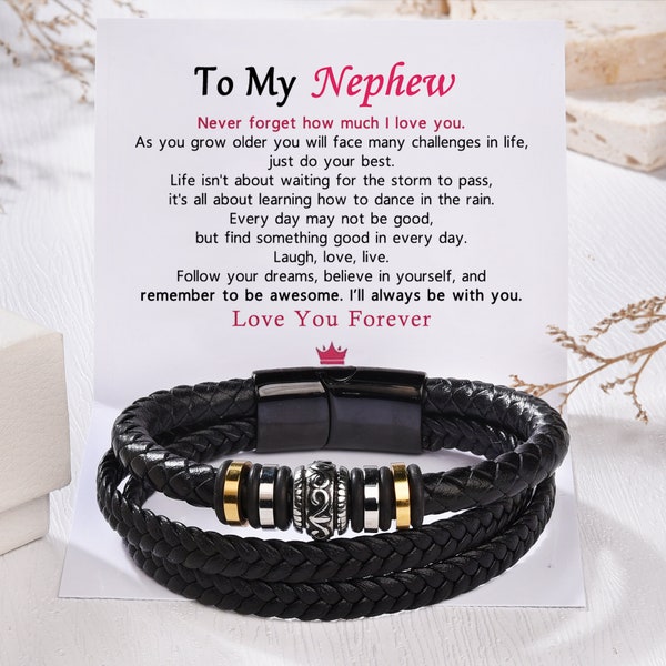 To My Nephew - I Will Always Be With You - Double Row Bracelet - Men's Bracelet - Healing Bracelet - Leather Bracelet - Gift For Him