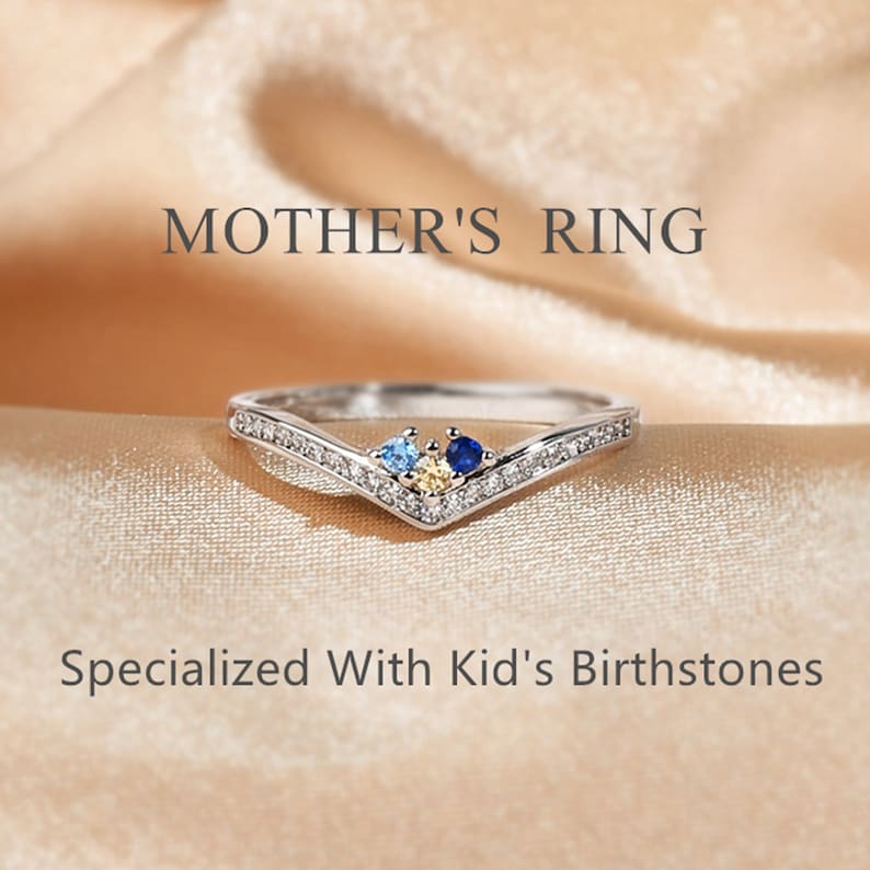 Mother's Ring Specialized With Kid's Birthstones Personalized 1-5 Birthstones Chevron Pave Ring Gift For Her Christmas Gift For Mom image 2