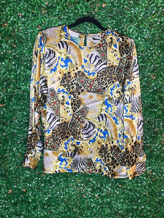 Tess Vintage Silk Like Gold Multicolored Blouse