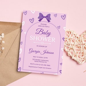 Pink Bow Invitation for Baby Shower, Minimalist Baby Shower, Minimalist Baby Shower Pink Watercolor, Editable Canva Baby Shower Template