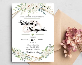 Greenery Floral Wedding Invitation, White Floral Wedding Invitation Template, Sage Green Wedding Invitation Suite, Editable Canva Template