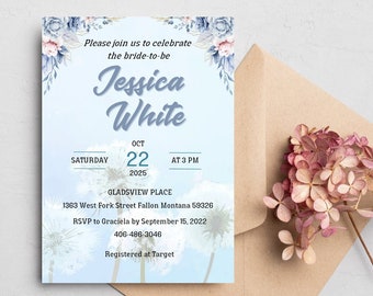 Invitación de despedida de soltera floral azul claro, plantilla para invitación de despedida de soltera, invitación de despedida de soltera con borde floral azul, plantilla de Canva