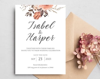May include: A white wedding save the date card with a floral design in shades of pink and brown. The text reads "Isabel & Harper" and includes the date "September 23, 2023" and the location "Boone Hall Plantation, 1255 Long Point Rd, Mt Pleasant, SC 29464".