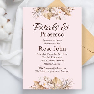Petals and Prosecco Bridal Shower Invitation, Pink Pastel Petals and Prosecco Bridal Shower Invite, Editable Bridal Shower Template