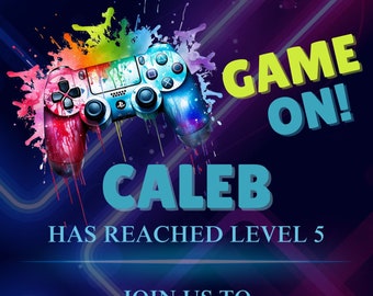 Editable Video Game Birthday Invitation Printable Neon Glow Boy Gamer Party Invite Level 5 Game On Invite Video Game Level Party Invitation