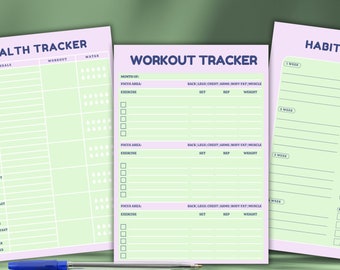 May include: Three printable health tracker pages with a light green background and purple headings. The first page is a health tracker with columns for meals, workout, and water. The second page is a workout tracker with columns for focus area, exercise, set, rep, and weight. The third page is a habit tracker with columns for week, day, and a grid of squares.