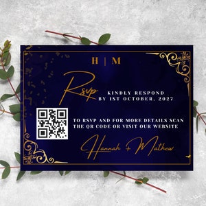 Navy Blue and Gold Wedding RSVP Card template, Monogram rsvp with QR code, DIY Wedding Response, Printable rsvp, Editable Instant Download