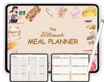 May include: A digital meal planner on a tablet screen with a brown background and watercolor illustrations of food and kitchen items. The planner includes a calendar and meal planning sections. The text "The Ultimate Meal Planner" is displayed on the screen.