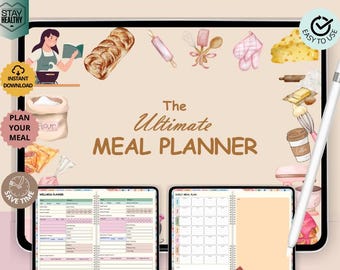 May include: A digital meal planner on a tablet screen with a pink and brown background. The planner includes a weekly meal plan, a wellness planner, and a daily meal plan. The image also includes a variety of kitchen-themed illustrations, such as flour, a rolling pin, and a whisk.