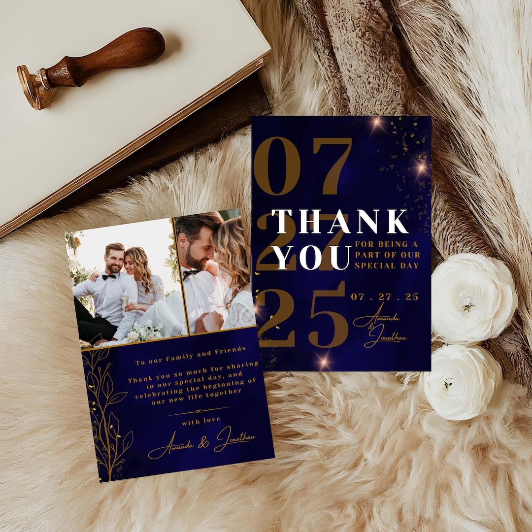 Navy Blue and Gold Thank You Card Template, Wedding Photo Thank You ...