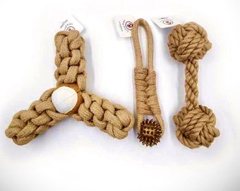 SUSTAINABLE Biodegradable Hemp 3 Toy Pack Handmade Dog Throw/Rope Toys Natural, Eco Friendly, Non Toxic- for Small/Medium Dogs & Puppies