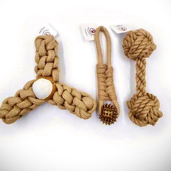 SUSTAINABLE Biodegradable Hemp 3 Toy Pack Handmade Dog Throw/Rope Toys Natural, Eco Friendly, Non Toxic- for Small/Medium Dogs & Puppies