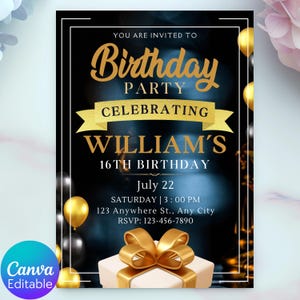 Invito di compleanno nero e oro, festa di compleanno per adulti in nero e oro, invito di compleanno glitter oro, download istantaneo modificabile