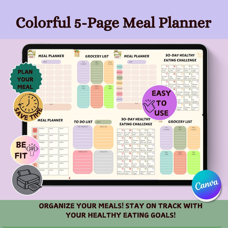 Printable Meal Planner, Digital Download, Weekly Meal Plan, Printable