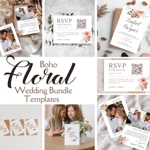 Elegante boho-huwelijksuitnodigingssuite, eenvoudige minimalistische canva-sjabloonbundel, QR-code RSVP-uitnodiging, bedankkaartset, trouwtafelnummer