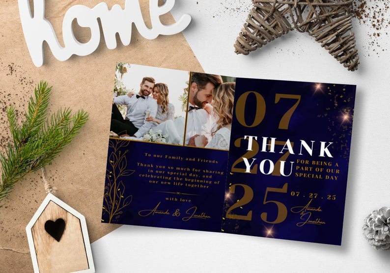 Navy Blue and Gold Thank You Card Template, Wedding Photo Thank You ...