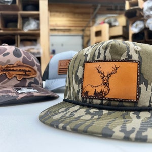 Hunting Fishing Hat | Leather Patch Custom Outdoors Trucker Hat | Turkey Elk Fishing Rope Hat | Camo Hunters Hat | Antler Turkey Cap