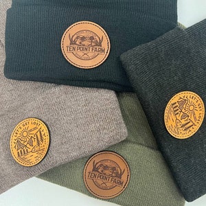 Custom Leather Patch Beanie | Personalized Beanie Stocking Hat | Laser Engraved Leather