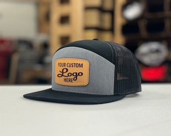 Custom Flatbill Leather Patch Hat - Stitched Custom Logo 7 Panel Trucker Personalized Snapback Hat For Your Business or Company