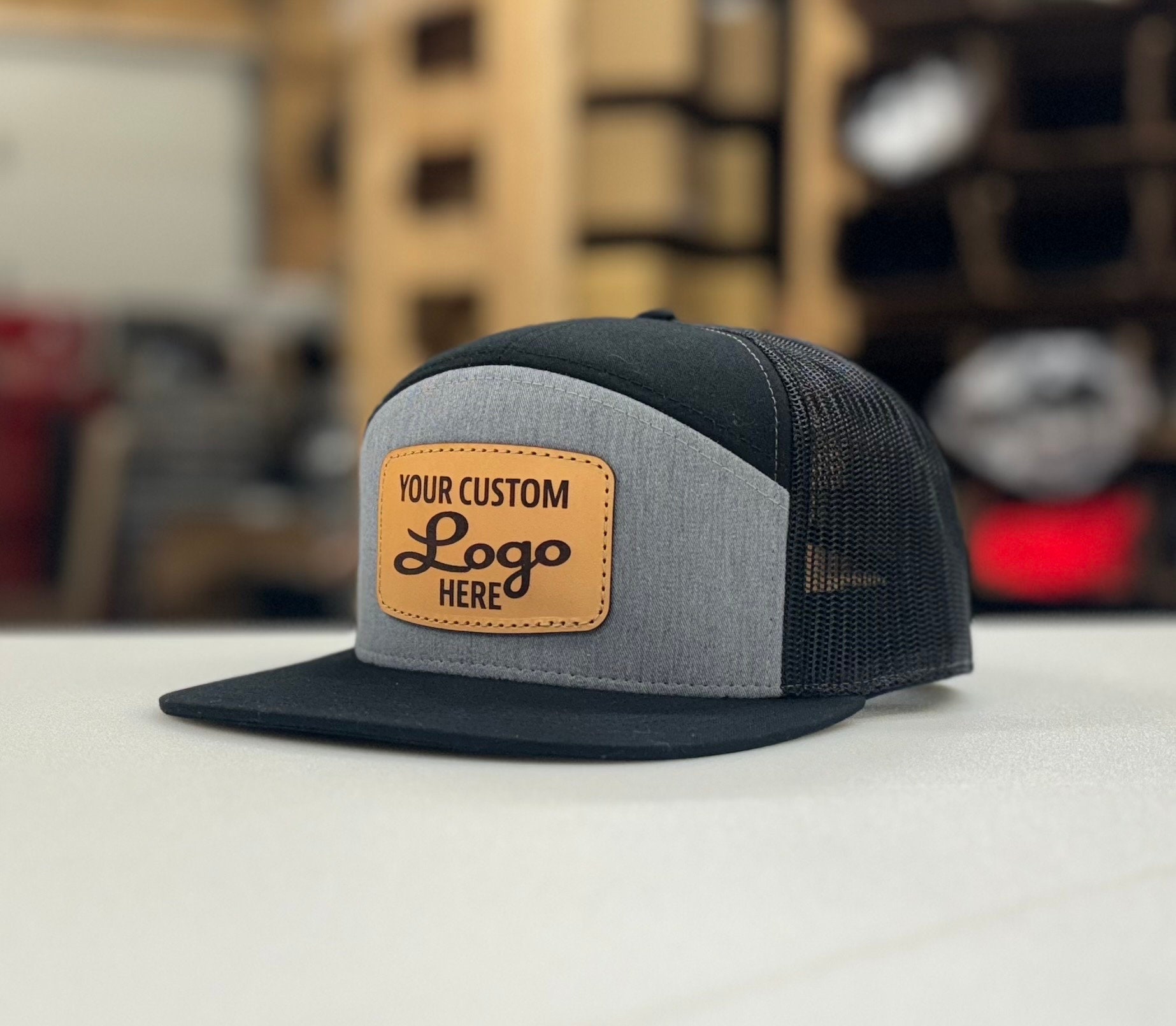 Custom Flatbill Leather Patch Hat - Stitched Custom Logo 7 Custom Flatbill Leather Patch Hat - Stitched Custom Logo 7