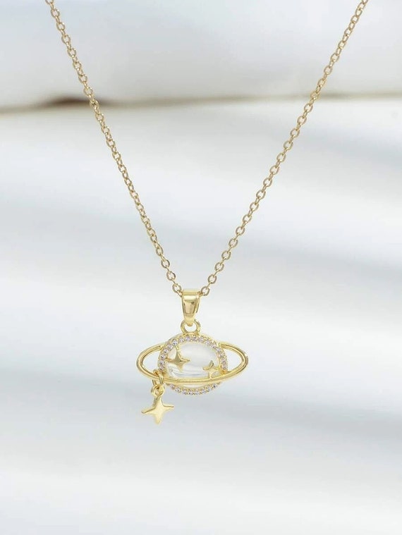 Planet Saturn Necklace Gold-plated Sterling Silver with Cubic Zirconia Planet Saturn Necklace Gold-plated Sterling Silver with Cubic Zirconia