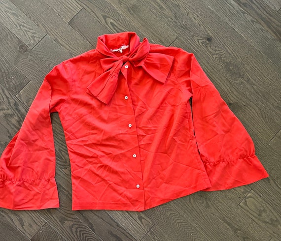 Vintage 60s/70s Red/Orange Tie-Neck Blouse - image 2