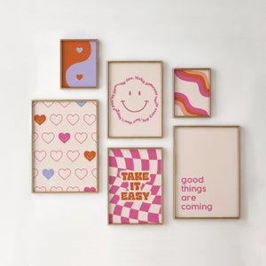 Funky Colorful Printable Wall Art Set | Trendy Orange Pink Purple Collage | Aesthetic Room Decor Bundle | Checkerboard Heart Smiley Prints