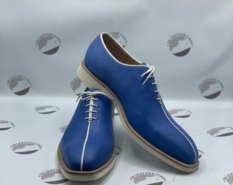 Men’s Handmade Genuine Blue leather texture lace up Oxford shoe men one piece oxford shoe