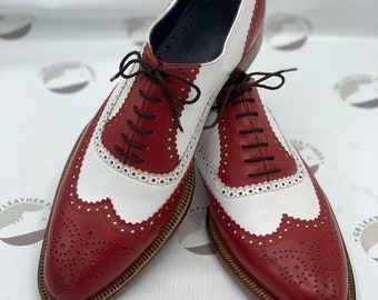 Men’s Handmade Geninue Two tone white and red leather lace up Oxford brogues front zip style shoe