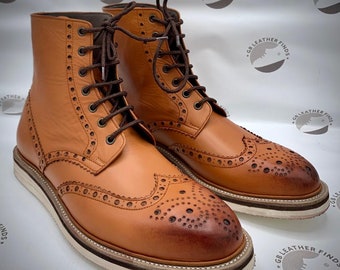 Men’s Handmade Geninue Tan leather Ankle high boot, men&#39;s  wingtip lace up vibram sole boot