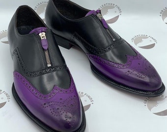 Men’s Handmade Geninue Two tone Purple and black leather lace up Oxford brogues front zip style shoe
