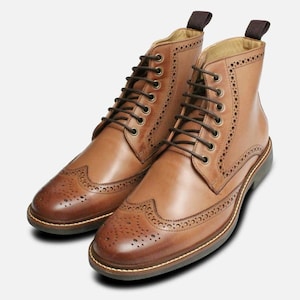 Men’s Handmade Geninue Tan leather Ankle high boot, men's  wingtip lace up Ankle boots