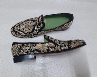 Handmade Men’s Weddings black velvet embroidery loafer moccasin formal leather shoes
