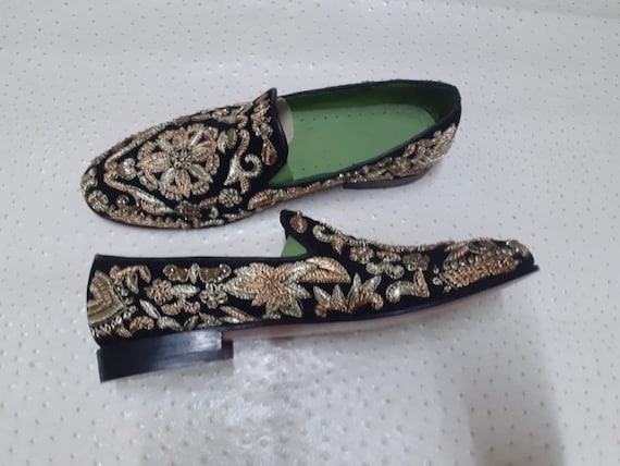 Handmade Men’s Weddings black velvet embroidery loafer moccasin formal leather shoes