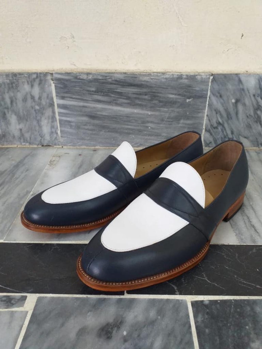 Mens Handmade Geninue Two Tone Black and White Leather Shoes - Etsy