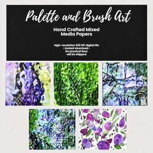 Puede incluir: Una colección digital titulada Palette and Brush Art Hand Crafted Mixed Media Papers que presenta cinco patrones cuadrados distintos con texturas abstractas en tonos morados, verdes, azules y blancos, incluyendo motivos florales y de rejilla.
