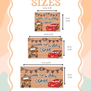 May include: Three rectangular birthday banners in peach, featuring a brown tow truck and a red race car, black and white checkered bunting, and the text 'happy 3rd birthday COHEN'. Sizes are 48x36 inches, 60x36 inches, and 72x36 inches.