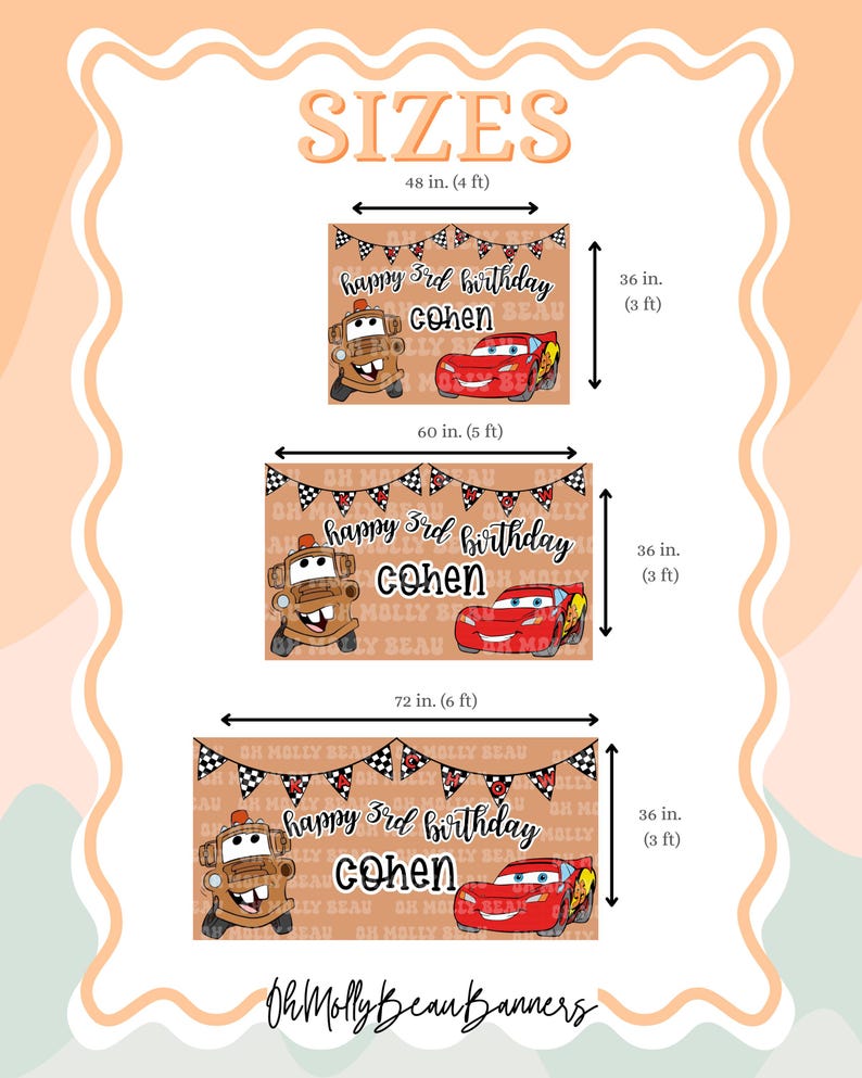 May include: Three rectangular birthday banners in peach, featuring a brown tow truck and a red race car, black and white checkered bunting, and the text 'happy 3rd birthday COHEN'. Sizes are 48x36 inches, 60x36 inches, and 72x36 inches.