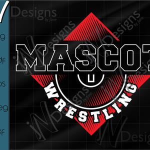May include: Red and white wrestling mascot design with the word "MASCOT" in black letters and "WRESTLING" in white letters around a circle.
