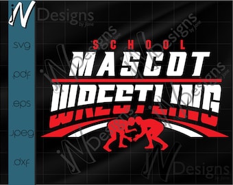 May include: Black and white graphic design with red accents. The text reads "School Mascot Wrestling". Two wrestlers are depicted in silhouette.