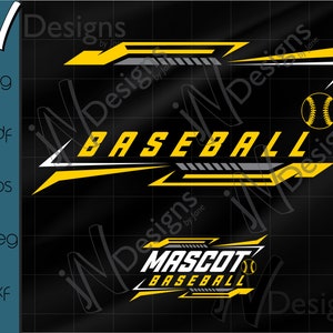 May include: A black and yellow baseball graphic design with the word "BASEBALL" in white letters and a baseball graphic. The design also includes the words "MASCOT BASEBALL" in white letters.