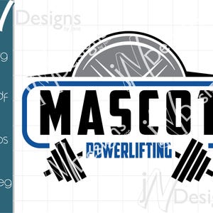 以下が含まれることがあります： 青と黒のグラフィックデザインで、「MASCOT」という単語が青い縁取りのある白い長方形の中にあります。「POWERLIFTING」というテキストが長方形の下にあります。テキストの両側に2つの黒いダンベルがあります。